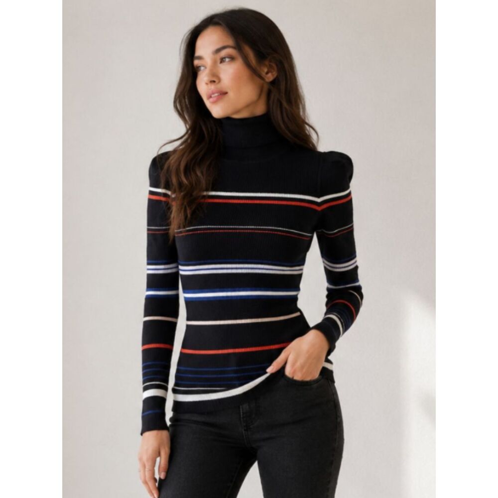 Karen Millen Turtleneck Ribbed Knit Sweater Black Multicolor Stripes, Women Sz 3